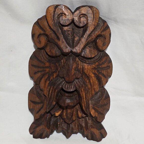 Hand Carved Green Man Wood Face - Man with Mustache - Picture 1 of 3